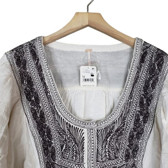 Free People Womens M Iggie Embroidered Blouse in Ivory/Black Bean NEW - Picture 4 of 11